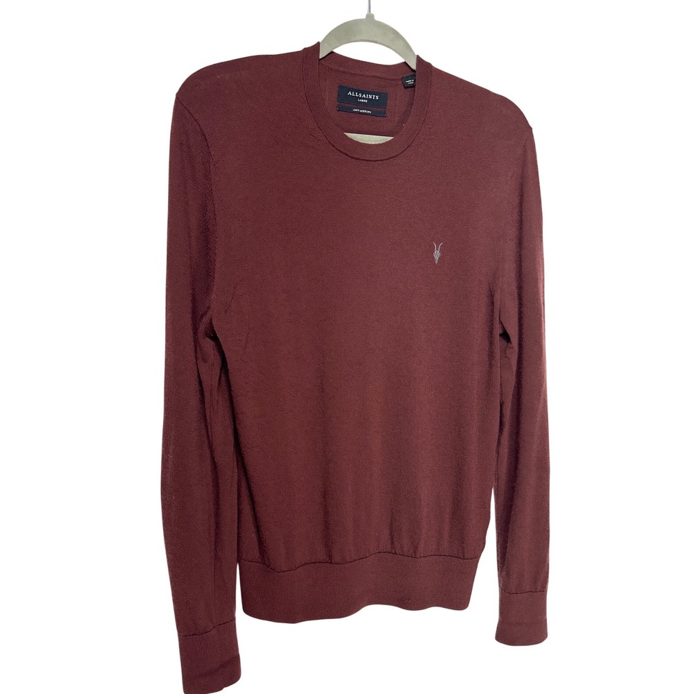 AllSaints Merino Wool Ramskull Logo Crew Neck Sweater Burgundy Oxblood Sz Large